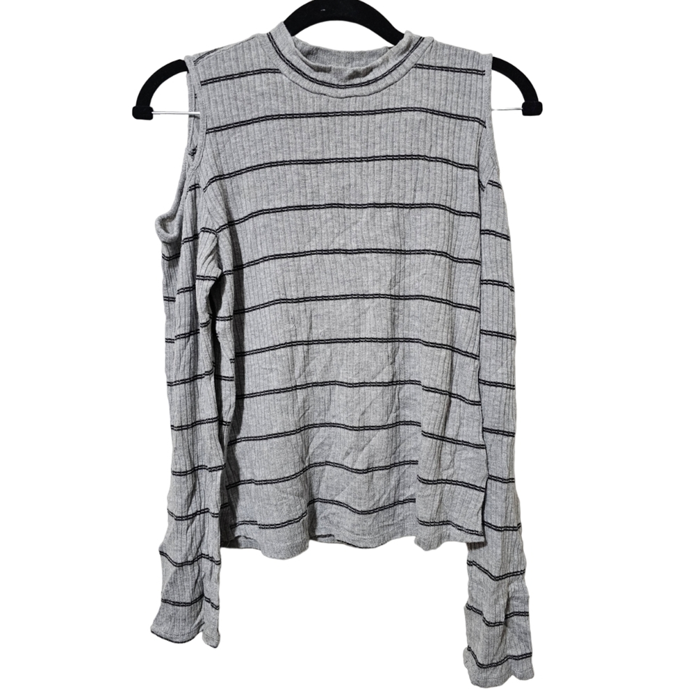 Active USA Gray & Black Stripped Cold Shoulder Top